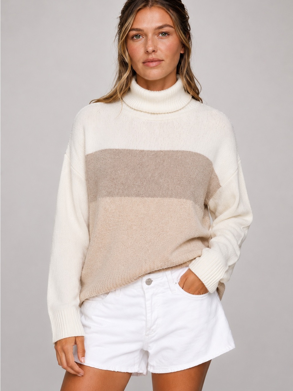 NWT Vince Camuto Color Block Knit Cowl Mock Neck Dropped Long Sleeve Sweater 2X